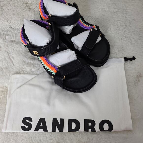 NEW Sandro Paris Black Crochet Shell Platform Sport Sandals Noir Leather EU 37 - Picture 4 of 16